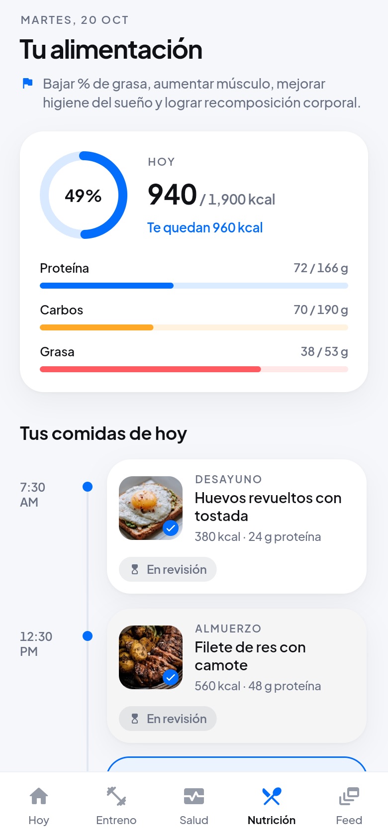 Pantalla de nutrición del cliente (datos de ejemplo)