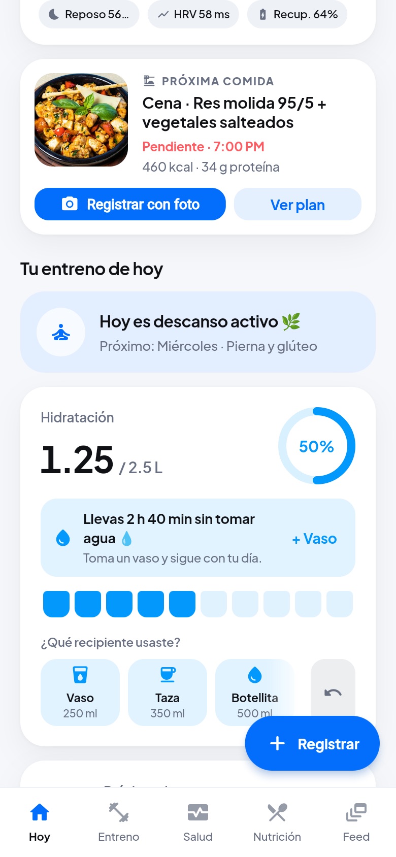 Pantalla «Hoy» de la app del cliente (datos de ejemplo)