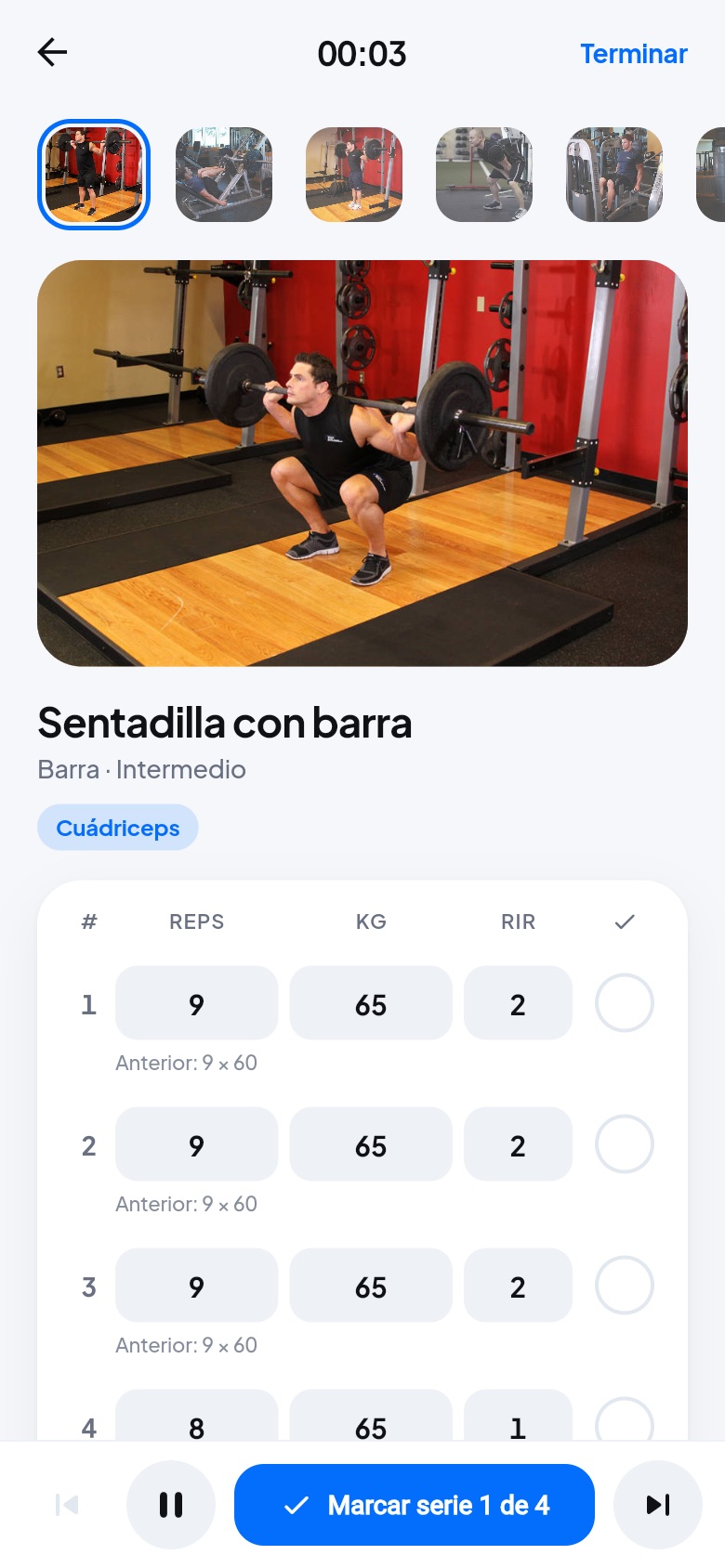 Sesión de entreno en la app del cliente (datos de ejemplo)