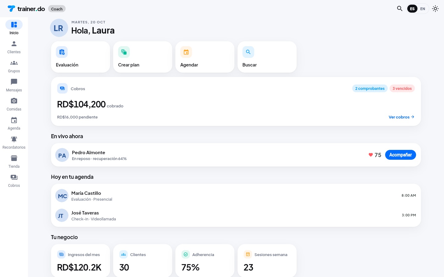 Panel del coach en trainer.do con la lista de clientes (datos de ejemplo)