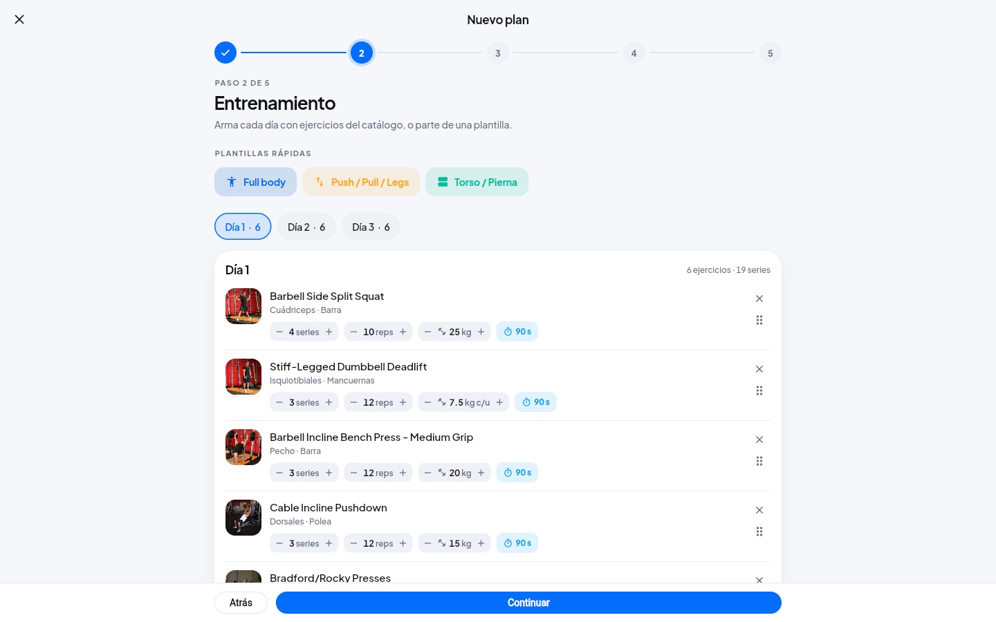 Editor de planes del coach (datos de ejemplo)